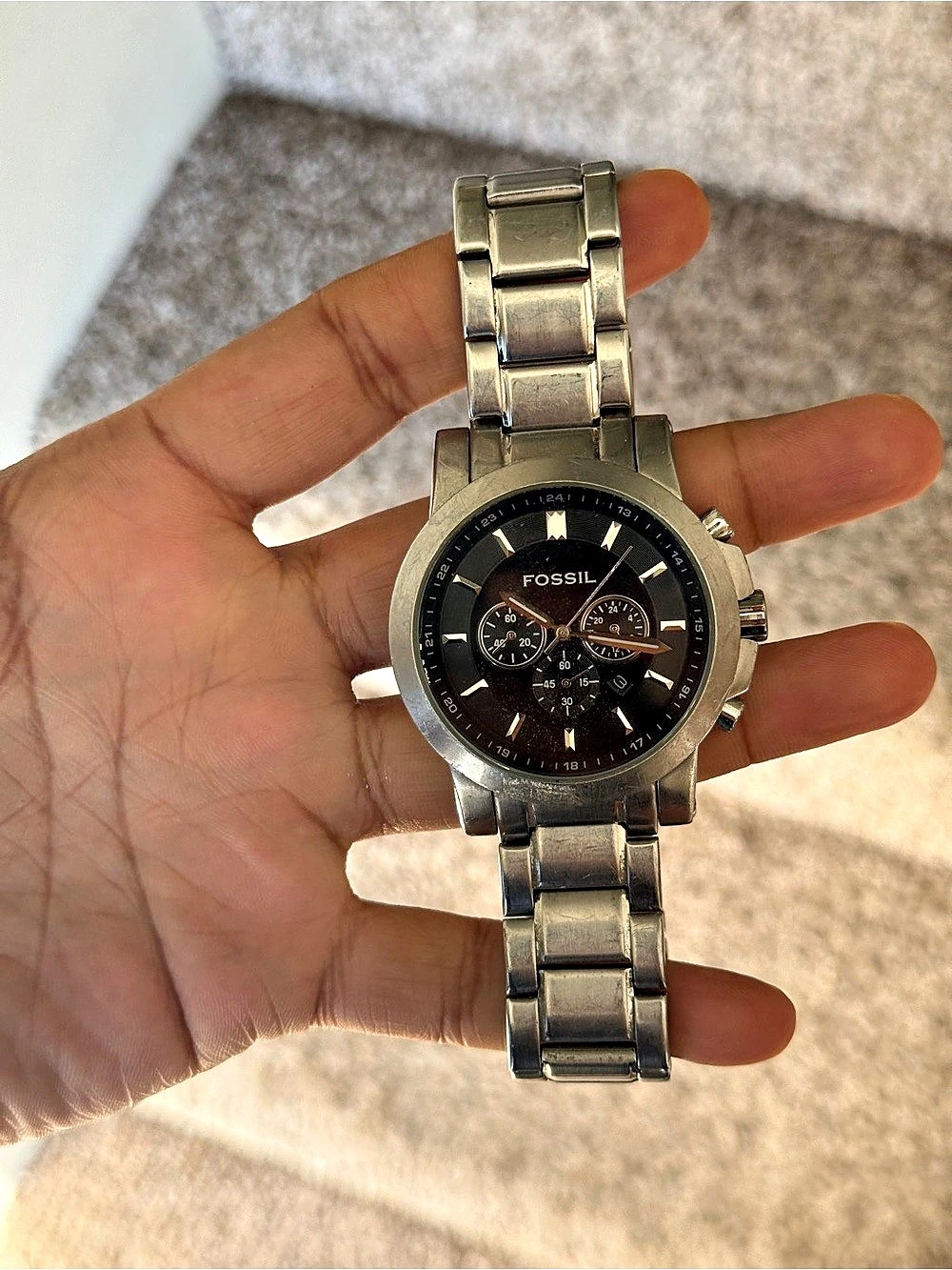 Fossil Chronograph Black Dial Stainless Steel Watch Silver  Black Mens Watch